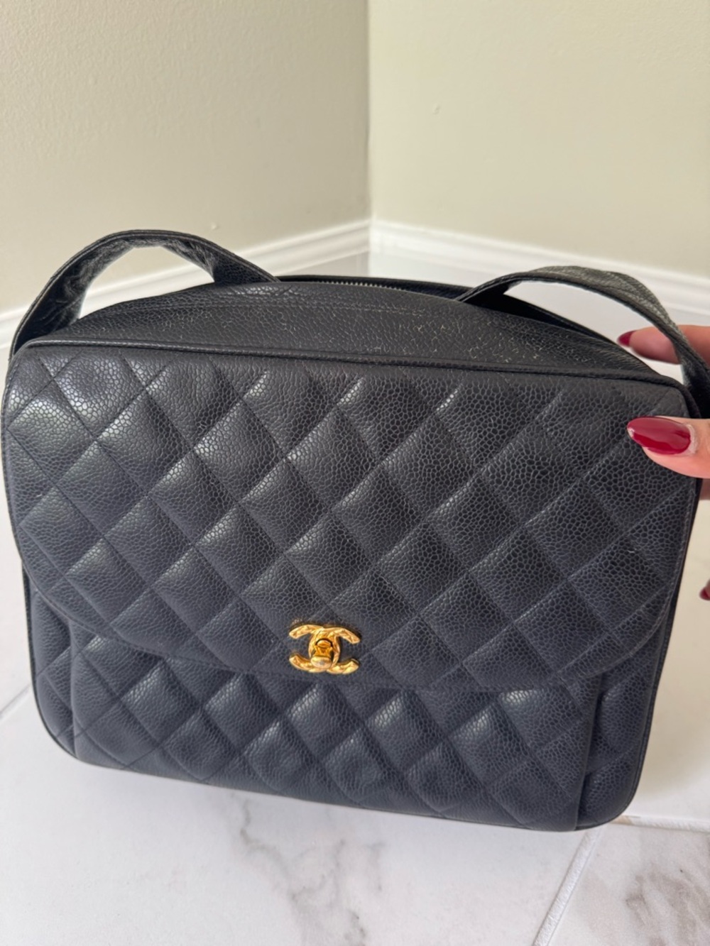 Vintage Chanel Classic Caviar Black Leather Shoulder Bag with Gold CC Lock